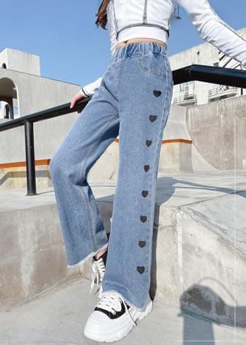 NABER Kids Girls Casual Wide Leg Denim Pants Heart Pattern Elastic Waist Jeans Size 4-14 Years (Blue2, 9-10 Years) - Image 7