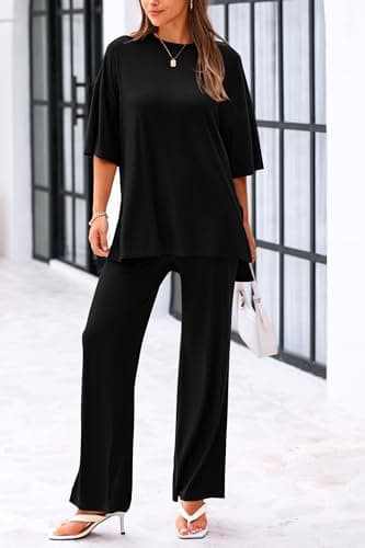 KIRUNDO 2 Piece Lounge Set Women 2025 Spring Summer Short Sleeve Loose Tops and Wide Leg Long Pants Sets Jogger Comfy Tracksuit Trendy Casual Clothing(Black, Medium) - Image 3