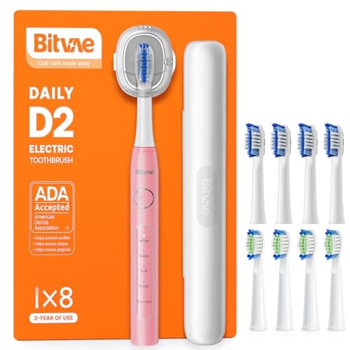 Bitvae Ultrasonic Electric Toothbrush for Adults and Kids, ADA Accepted Travel Electric Toothbrush with Rechargeable 60-Day Battery Life, 8 Heads, 5 Modes, Case/Holder, Quartz Pink - Image 1