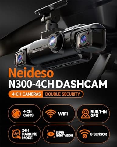 Neideso 360° Dash Cam Front and Rear Inside, 4 Channel FHD 4 * 1080P, Wi-Fi GPS Voice Control Car Camera, Front 2K+1080P*2 Dash Camera for Cars, with 64GB SD Card, Night Vision, 24H Parking Mode(N300) - Image 3