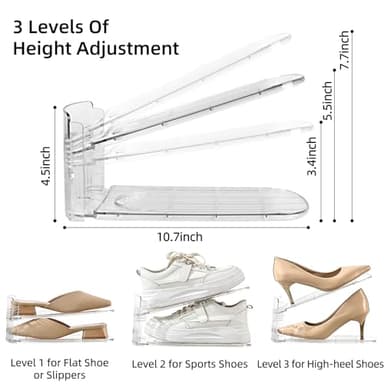 Uni HIMO 12 Pack Shoe Slots Organizer Adjustable Level Shoe Stacker Holder Storage Space Saving Sneakers Display Tray Rack for Closet (Transparent, 2Pack) - Image 3