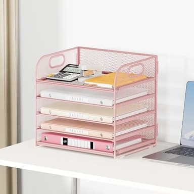 5 Tray Paper Organizer Letter Tray with Handle - Mesh Desk File Organizer, Paper Sorter Organizer for Office, Home or School File Folder Holder - Pink - Image 2