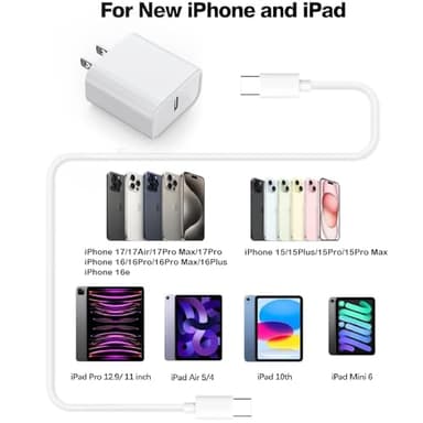 Fast Charging for iPhone 17 16 15 Charger,2Pack 20W USBC Wall Charger Travel Plug Block Phone 16e Charging Cable for iPhone 17 Air/17 Pro/17 Pro Max/16 Pro/16 Pro Max/16 Plus/15/15 Pro/15 Pro Max/iPad - Image 7