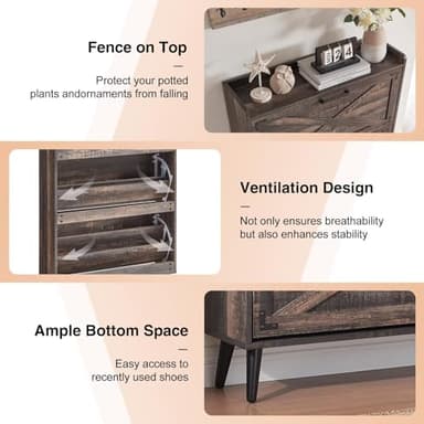 Barnyatoh Shoe Storage Cabinet,Farmhouse Shoe Organizer with 2 Flip Drawers & Barn Door Design,Freestanding Hidden Slim Narrow Shoe Rack Cabinet for Entryway,Foyer,Hallway,Dark Oak - Image 6