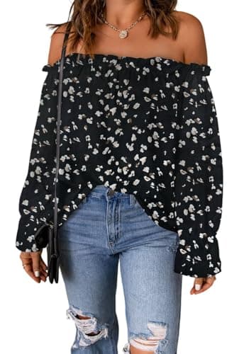 Spriolim Off Shoulder Boho Top for Women Long Sleeve Casual Shirt Ruffle Chiffon Blouses Floral Black, Large - Image 1