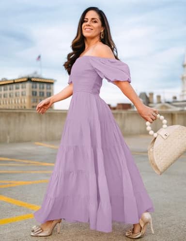 ZESICA Women's 2025 Summer Square Neck Short Puff Sleeve Solid Color High Waist Casual Smocked Flowy A Line Tiered Midi Dress,Lightpurple,Medium - Image 6