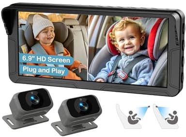 Dual Baby Car Camera for 2 Kids – 6.9” Split Screen Ultrawide HD Display with 2 Cameras, IR Night Vision, Easy Installation, Dual Car Camera Baby Monitor for Infant & Toddler Safety by Fodkh - Image 1