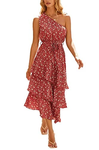 PRETTYGARDEN Women's Summer Floral Sundress Casual One Shoulder Tiered Ruffle Flowy Midi Beach Boho Dresses (Floral Brick Red White,Medium) - Image 1