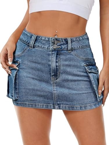 Mancreda Women Denim Cargo Skirt Mini Low Waist Button Bodycon Y2K Flap Pockets Skirts(BL,M) - Image 2