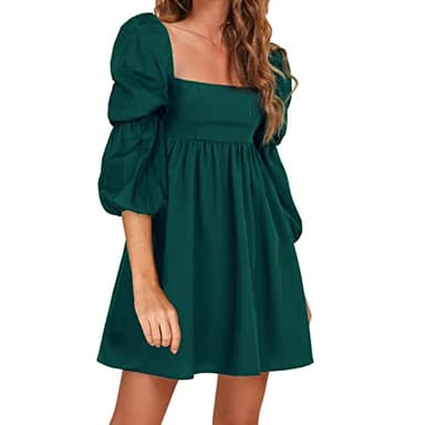 EXLURA Womens 2024 Casual Long Puff Sleeve Dress A-Line Square Neck Short Mini Dress Dark Green - Image 1