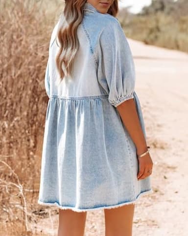 Pepochic Womens Denim Dress Button Down Short Sleeve Babydoll Dress Summer Puff Sleeve Flowy Jean Dresses Light Blue - Image 2
