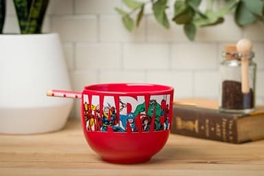 Silver Buffalo Marvel Comics Avengers Retro Featuring Iron Man, Thor, Captain America, Black Widow, Hulk, and Spider-Man Ceramic Ramen Noodle Rice Bowl with Chopsticks, Microwave Safe, 20 Ounces - Image 2