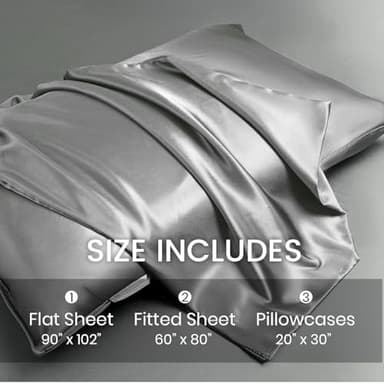 Revdomfly 4 Pcs Queen Size Luxury Silky Soft Cray Satin Sheet Set,1 Premium Moisture Wicking Fitted Sheet Fits Up to 16 Inches Deep Pocket + 1 Flat Sheet + 2 Pillowcases（Gray, Queen） - Image 5