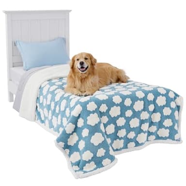 LE SURE Waterproof Dog Blanket for Large Dogs - Washable Double Sided Dog Blankets with Warm Jacquard Shag and Soft Sherpa Fleece, Pet Cat Blanket for Bed Protection, 3D Textured Cloud, Blue - Image 1