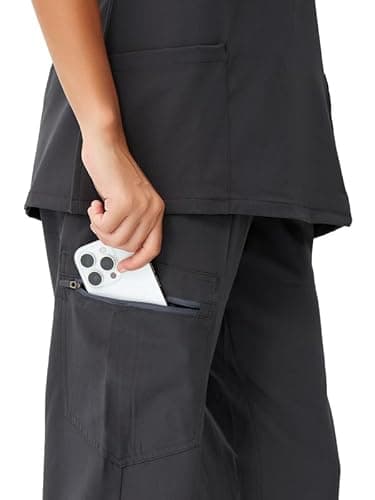 floralhue Scrubs for Women, V-Neck Scrubs Top & Cargo Pants, Scrubs Set with 10 Pockets, Yoga Waistband, 4 Way Stretch, Dark Grey, S - Image 4