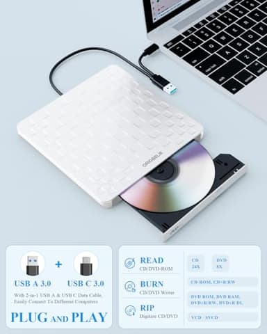 ORIGBELIE External CD/DVD Drive for Laptop, Ultra Slim 13mm USB 3.0 Type-C Portable DVD Player CD Burner Reader Writer Recorder for Desktop PC Windows 11/10/8/7 Linux Mac OS, White - Image 5