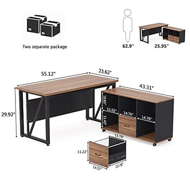 Tribesigns 55 inches Executive Desk and 43" lateral File Cabinet, L-Shaped Computer Desk Home Office Furniture with Drawers and Storage Shelves, Office Table with Cabinet - Image 2