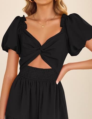 ZESICA Womens Summer 2025 Boho Vacation Dress Short Puff Sleeve Flowy Smocked Cutout A Line Beach Party Dresses,Black,Small - Image 4