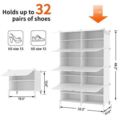AWTATOS Shoe Rack, 8 Tier Shoe Storage Cabinet with Door, 32 Pair Shoe Organizer Shelves for Closet Hallway Bedroom Entryway, White - Image 3