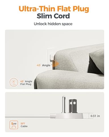 TESSAN Flat Plug Extension Cord 5 FT, Surge Protector Power Strip with 4 AC Outlets 1 USB C and 2 USB A Ports, 900 Joules Protection, Multiple Wall Outlet Extender Suitable for Home Office Dorm - Image 3