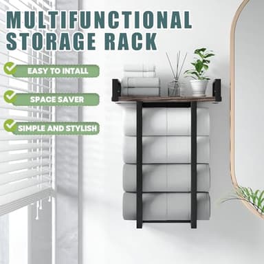 Towel Rack Wall Mounted with Wooden Shelf for Small Bathroom,Multi Towel Storage Racks for Rolled Towels,Bath Towel Holder Over The Toilet for Rv Camper - Image 2