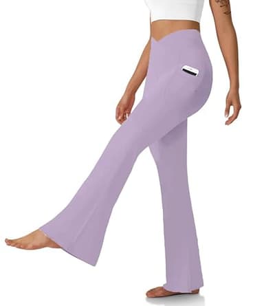 Women's Flare Leggings with Pockets-Crossover High Waisted Bootcut Yoga Pants-Tummy Control Workout Leggings Bell Bottom Work Pants Purple - Image 1