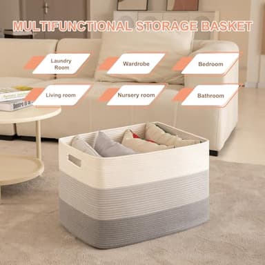 OIAHOMY 108L Super Large Blanket Basket, 25”x16”x16”(108L) Rectangle Woven Baskets for Storage, Cotton Rope Basket For Living Room, Toy Storage with Handle - Gradient Grey - Image 6