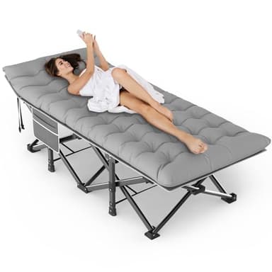 ZENPETIO Camping Cots for Adults, Portable Folding Sleeping Cot with Carry Bag, 1200D Double Layer Oxford Ultra Soft Cot Bed with Mattress, Tent Cot for Travel Office Hospital, Support 500lbs, Gray - Image 1