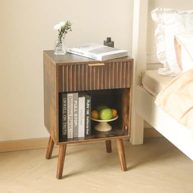 Fultyle Mid Century Modern Nightstand with Charging Station, Modern Bedside Table with Fluted Drawer and Storage Shelf, End Side Tables Living Room for Bedroom, Office (Rustic Brwon) - Image 2