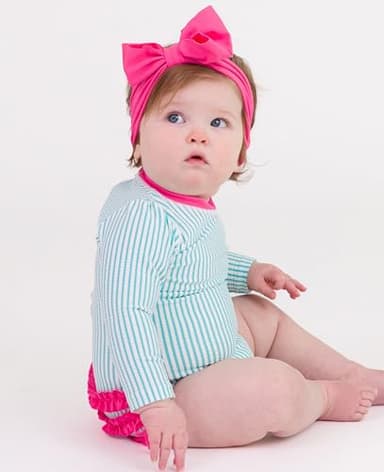 RuffleButts Bright Aqua Seersucker Long Sleeve One Piece Rash Guard - 3-6m - Image 5