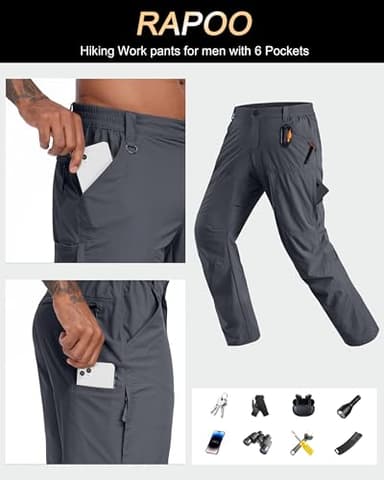 Rapoo Hiking Pants for Mens with Pockets Comfy Lightweight Waterproof Quick Dry Travel Track Outdoor Summer Camping Thin Fishing Work Cargo Pants Grey 40Wx30L - Image 6