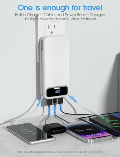 Portable-Charger Power-Bank with Built-in Cables & AC Wall Plug - 20000mAh PD 20W Fast Charging for iPhone,Android, USB-C,Rechargeable External Battery Pack for Cell Phone,Type C cords,Travel White - Image 2