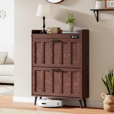 ChooChoo Shoe Storage Cabinet with 2 Flip Drawers, Deodorizing Shoe Organizer Storage for Entryway, Freestanding Hidden Slim Narrow Shoe Rack Cabinet, Walnut - Image 8