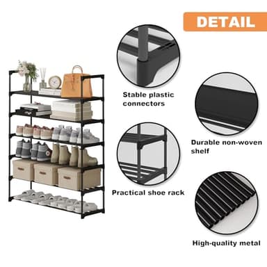 Calmootey 6-Tier Shoe Rack, Tall Large Capacity 30 Pairs Shoes Storage Organizer, Stackable Wide Shoe Shelf for Entryway, Hallway, Black - Image 8