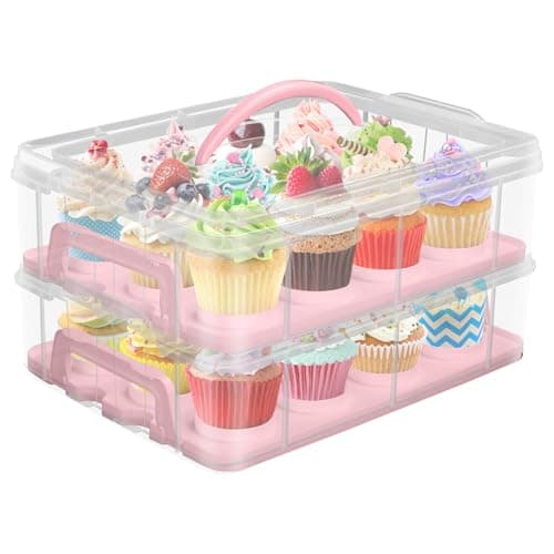 Jellydog Toy Cake Carrier with Lid, Two Tier Handle Cupcake Carrier, Stackable Cupcake Holder Container for 24 Cupcakes, Cake Carrier with Trays, Dessert Container for Cake Pie Muffin Cobbler, Pink - Image 1