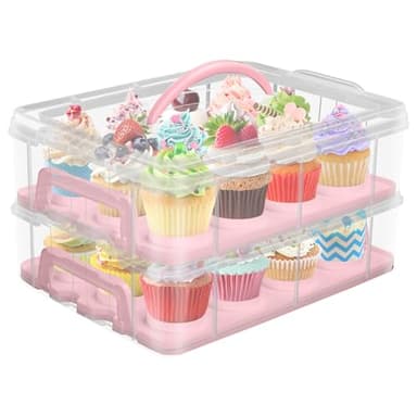 Jellydog Toy Cake Carrier with Lid, Two Tier Handle Cupcake Carrier, Stackable Cupcake Holder Container for 24 Cupcakes, Cake Carrier with Trays, Dessert Container for Cake Pie Muffin Cobbler, Pink - Image 1