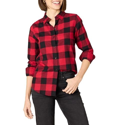Amazon Essentials Women's Regular-Fit Long-Sleeve Lightweight Plaid Flannel Shirt, Red Buffalo Check, X-Large - Image 1