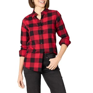 Amazon Essentials Women's Regular-Fit Long-Sleeve Lightweight Plaid Flannel Shirt, Red Buffalo Check, X-Large - Image 1