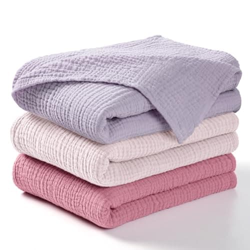 lulumoon Muslin Swaddle Blanket Baby - Cotton Swaddling Blanket Soft Baby Receiving Blankets Neutral 3Pack(Pink+Purple) - Image 1