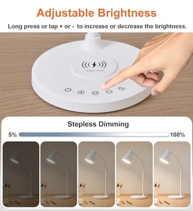 BOHON Desk Lamp for Home Office, LED Desk Light with USB C+A Charging Ports, Wireless Charger, 5 Colors Stepless Dimming Reading Light Timer, Touch Bedside Table Lamp for College Dorm Room White - Image 5