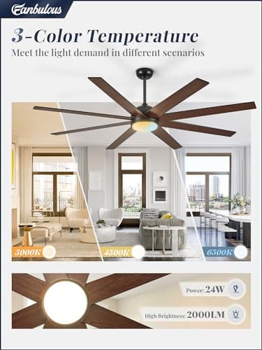 Fanbulous 65 Inch Ceiling Fans with Lights and Remote, Black Indoor/Outdoor Ceiling Fan with Quiet Reversible DC Motor, 6 Speeds, 3CCT, 8 Blades Large Ceiling Fan for Living Room Bedroom Patio - Image 3