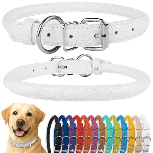 CollarDirect Rolled Leather Dog Collar, Soft Padded Round Puppy Collar, Handmade Genuine Leather Collar Dog Small Large Cat Collars 13 Colors (18-22 Inch, White Textured) - Image 1