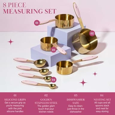 Paris Hilton Measuring Cups and Spoons Set, Stainless Steel with Pink Silicone Inset Handle, Dishwasher Safe, For Dry and Liquid Ingredients, 8-Piece Set, Gold and Pink - Image 3