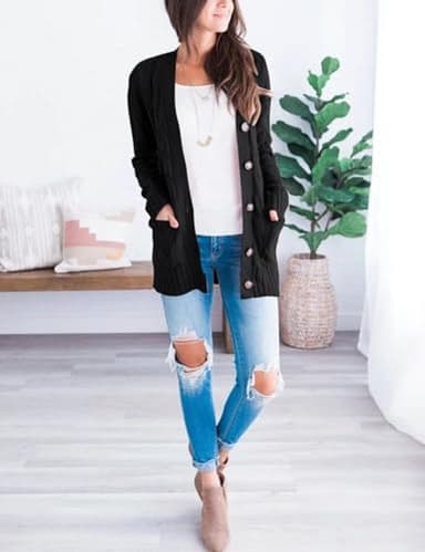 MEROKEETY Women's 2025 Fall Long Sleeve Cable Knit Cardigan Sweater Open Front Button Loose Outerwear Black - Image 7