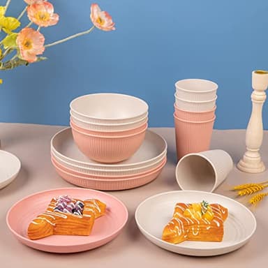 LIYH 32pcs Wheat Straw Dinnerware Sets for 8 Pink Plastic Plates and Bowls Sets,Plastic Plates Reusable,Dishwasher Freezer Safe (Pink Beige) - Image 6