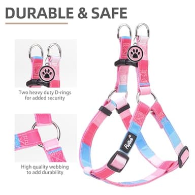 PUPTECK No Pull Dog Harness Soft Adjustable Basic Nylon Step in Puppy Vest Outdoor Walking with ID Tag, Striped Pink, M - Image 2
