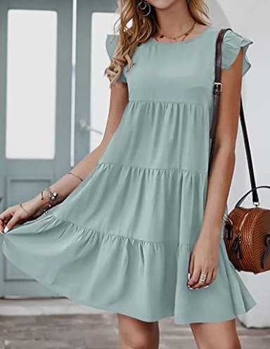 KIRUNDO Women's Summer Mini Dress Sleeveless Ruffle Sleeve Round Neck Solid Color Loose Fit Short Flowy Pleated Dress, Grey Green, Large - Image 5