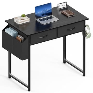 Sweetcrispy Computer Desk Small 32 Inch Home Office Bedroom Writing Study PC Table with Fabric Storage Drawers Space Side Bag Headphone Hook Metal Frame Adjustable Feet Modern Simple Style, Black Wood - Image 1