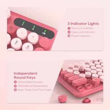Wireless Keyboard and Mouse Combo - Round Keycaps, Full-Size Retro Typewriter Keyboard with Detachable Wrist Rest, Sleep Mode & Tilt Legs, 2.4GHz Cordless Connection for Mac/Windows/PC (Hot Pink) - Image 9