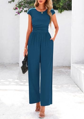 PRETTYGARDEN Summer Jumpsuits for Women Dressy 2025 Ribbed Cap Sleeve Wide Leg Pants Rompers Elegant Casual One Piece Outfits (Lake Blue,Medium) - Image 8
